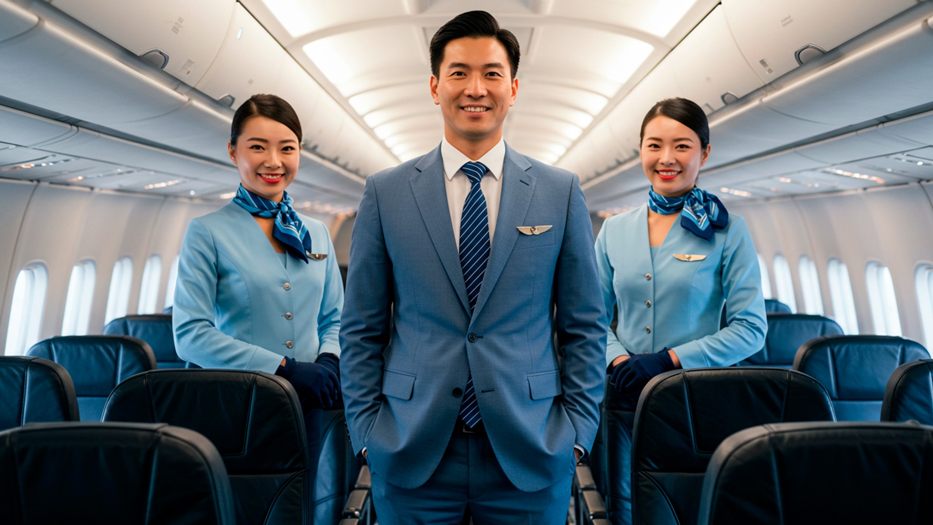 Comissários de voo em cabine de aeronave durante treinamento profissional para processos seletivos de companhias aéreas.