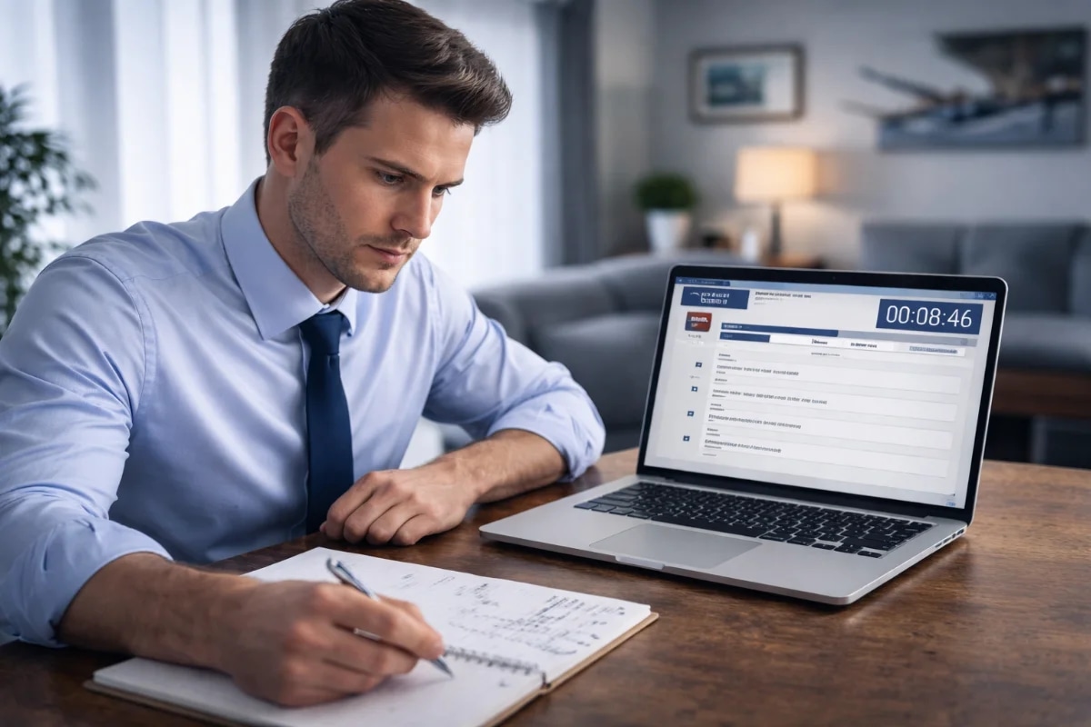 Candidato realizando prova online de aviação em notebook, sentado à mesa, com expressão concentrada e levemente tensa
